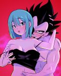  1boy 1girl absurdres bare_arms bare_shoulders black_hair blue_eyes blue_hair bulma dragon_ball highres kara_foo muscular red_background short_hair tank_top vegeta 