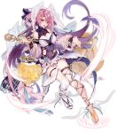  1girl ark_order asymmetrical_legwear bangs black_dress blue_flower blue_rose breasts detached_sleeves dress feathered_wings flower full_body head_wings hermes_(ark_order) holding holding_scepter large_breasts leg_ribbon long_hair long_sleeves looking_at_viewer obiwan official_art pink_hair puffy_long_sleeves puffy_sleeves ribbon rose sandals scepter smile solo tachi-e thigh_strap transparent_background two_side_up very_long_hair white_wings wings 