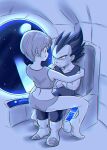  1boy 1girl black_hair blue_eyes blue_hair bulma dragon_ball highres interior kara_foo muscular short_hair space space_craft vegeta 