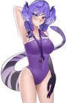  1girl absurdres alternate_costume arm_behind_head blue_eyes blush braid breasts collarbone competition_swimsuit covered_navel dragon_tail head_tilt heterochromia highres jake_pascoe lanyard medium_breasts medium_hair nijisanji nijisanji_en one-piece_swimsuit purple_eyes purple_hair purple_swimsuit selen_tatsuki solo swimsuit tail twin_braids virtual_youtuber white_background 