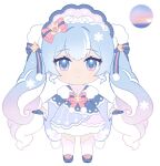  1girl blue_eyes blue_hair bunny chibi dress full_body giant_brush gloves hatsune_miku isakysaku long_sleeves looking_at_viewer paintbrush pale_skin shoes thighhighs twintails vocaloid yuki_miku 