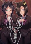  2girls absurdres air_groove_(umamusume) animal_ears arm_behind_back black_hair black_jacket black_pants blush bow bowtie breasts brown_hair closed_mouth collared_shirt commentary cowboy_shot ear_bow formal fuji_kiseki_(umamusume) green_eyes grin hair_over_one_eye hand_on_own_chest highres horse_ears horse_girl horse_tail index_finger_raised jacket looking_at_viewer medium_breasts multiple_girls one_eye_closed pant_suit pants parted_bangs purple_bow purple_bowtie purple_eyes shirt short_hair smile speech_bubble suit suit_jacket tail tailcoat teeth translated umamusume vest white_shirt zhu_(nitamagr) 