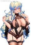  1girl aqua_nails artist_name bare_shoulders black_bra blonde_hair blue_eyes blue_hair bra breasts brown_legwear cleavage closed_mouth collarbone cowboy_shot earrings english_commentary enmanuelart20 fur_scarf garter_belt garter_straps hair_between_eyes hand_up highres huge_breasts jewelry lace-trimmed_bra lace_trim legs_together lingerie lips long_hair looking_at_viewer multicolored_hair navel nia_teppelin pantyhose red_lips simple_background smile solo symbol-shaped_pupils tengen_toppa_gurren_lagann thighs two-tone_hair underwear white_background 
