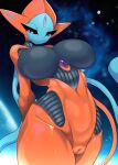  2022 absurd_res ashraely attack_forme_deoxys bedroom_eyes big_breasts biped black_body black_sclera blue_body breasts curvy_figure deoxys digital_media_(artwork) featureless_breasts female front_view genitals glistening glistening_body half-closed_eyes hands_behind_back hi_res horn huge_breasts humanoid legendary_pok&eacute;mon looking_at_viewer metallic_body mouthless multicolored_body narrowed_eyes nintendo not_furry peach_pussy pok&eacute;mon pok&eacute;mon_(species) pok&eacute;morph pussy red_body seductive solo space standing tentacles thick_thighs video_games voluptuous white_eyes wide_hips 