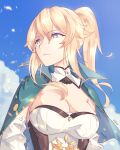  1girl ark_ford artist_name blonde_hair blue_eyes blue_sky breasts cape cleavage cloud from_behind from_side genshin_impact green_cape highres jean_(genshin_impact) looking_to_the_side medium_breasts petals ponytail sky solo upper_body 