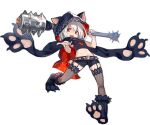  1girl animal_ears animal_hood ark_order bangs belt black_cape black_footwear black_scarf black_shirt black_shorts cape cerberus_(ark_order) chain club_(weapon) cuffs dog_ears fake_animal_ears full_body fur-trimmed_footwear garter_straps hades_(ark_order) holding holding_weapon hood hood_up hooded_cape k_suke_(weibo) looking_at_viewer official_art paw_shoes pawpads red_eyes scarf shirt shoes short_hair shorts skull solo spiked_belt tachi-e thighhighs transparent_background weapon white_hair wrist_cuffs 