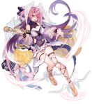  1girl ark_order asymmetrical_legwear bangs black_dress blue_flower blue_rose breasts detached_sleeves dress feathered_wings flower full_body head_wings hermes_(ark_order) holding holding_scepter large_breasts leg_ribbon long_hair long_sleeves looking_at_viewer obiwan official_art pink_hair puffy_long_sleeves puffy_sleeves ribbon rose sandals scepter smile solo tachi-e thigh_strap transparent_background two_side_up very_long_hair white_wings wings 