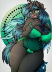  absurd_res anthro arthropod belly black_body black_fur blue_hair blue_tail canvy_(artist) changeling crown eyelashes fangs female friendship_is_magic fur green_eyes hair hasbro hi_res horn inner_ear_fluff my_little_pony navel notched_wings open_mouth plant queen_chrysalis_(mlp) simple_background solo tuft wide_hips wings 