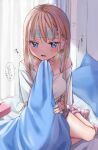  1girl aoba_miu bed bed_sheet blonde_hair blue_bra blue_eyes blue_nails blush bra bra_strap breasts chigusa_minori commentary_request curtains hair_down hand_on_own_face long_hair looking_at_viewer medium_breasts off_shoulder on_bed original pillow shirt sick socks striped striped_legwear t-shirt thighs tissue_box translation_request under_covers underwear white_shirt 