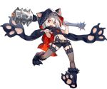  1girl animal_ears animal_hood ark_order bangs belt black_cape black_footwear black_scarf black_shirt black_shorts cape cerberus_(ark_order) chain club_(weapon) cuffs dog_ears fake_animal_ears full_body fur-trimmed_footwear garter_straps hades_(ark_order) holding holding_weapon hood hood_up hooded_cape k_suke_(weibo) looking_at_viewer official_art paw_shoes pawpads red_eyes scarf shirt shoes short_hair shorts skull solo spiked_belt stomach_tattoo tachi-e tattoo thighhighs transparent_background weapon white_hair wrist_cuffs 