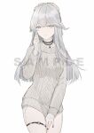  1225cici 1girl aran_sweater au_ra avatar_(ff14) black_choker black_nails choker closed_mouth commentary cowboy_shot final_fantasy final_fantasy_xiv grey_eyes grey_sweater hand_up highres horns long_hair long_sleeves looking_at_viewer sample_watermark scales silver_hair simple_background solo sweater thigh_strap white_background 