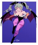  1girl absurdres anchovy_(girls_und_panzer) animal_print bare_shoulders bat_print bat_wings blue_background breasts bridal_gauntlets cleavage clothing_cutout cosplay demon_girl girls_und_panzer head_wings heart_cutout highres leotard long_hair morrigan_aensland morrigan_aensland_(cosplay) pantyhose print_legwear purple_legwear shinkuukan_(tetsuo3) solo vampire_(game) wings 