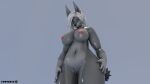  anthro big_breasts blender_(software) blue_eyes breasts canid canine canis dr4ch3n female fur grey_body grey_fur hair hand_on_leg hand_on_thigh hi_res looking_at_viewer mammal solo solo_focus thick_thighs wet wet_body wet_fur white_hair wolf 
