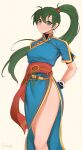  1girl bangs breasts cowboy_shot darahan dress earrings english_commentary fire_emblem fire_emblem:_the_blazing_blade gloves green_eyes green_hair high_ponytail jewelry long_hair looking_at_viewer lyn_(fire_emblem) medium_breasts ponytail simple_background smile solo thighs very_long_hair 