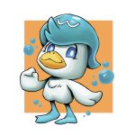  1:1 2022 ambiguous_gender beak blue_body blue_eyes blue_feathers bubble feathers hi_res looking_at_viewer lucasysof membrane_(anatomy) nintendo pok&eacute;mon pok&eacute;mon_(species) pupils quaxly simple_background solo standing video_games webbed_feet white_pupils yellow_beak 