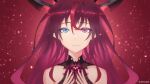  1girl ark_ford artist_name blue_eyes demon_horns hair_between_eyes heterochromia highres hololive hololive_english horns irys_(hololive) long_hair looking_at_viewer multiple_horns purple_eyes purple_hair red_background red_nails smile solo steepled_fingers upper_body virtual_youtuber 