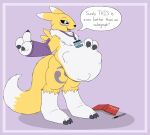  abdominal_bulge anthro bandai_namco belly book colored convention dialogue digimon digimon_(species) digital_media_(artwork) female hi_res lanyard oral_vore overweight overweight_female pieman24601 renamon solo vore 