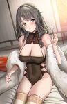  1girl absurdres azur_lane bangs bed bedroom black_dress blush bow breasts bukowiski charybdis_(azur_lane) charybdis_(red_chamber_of_healing)_(azur_lane) cleavage closed_mouth covered_navel dress earrings eyebrows_visible_through_hair feather_boa feet_out_of_frame fur green_hair grey_eyes hair_bow highres holding jewelry large_breasts lips long_hair looking_at_viewer mimikaki nail_polish official_alternate_costume on_bed orange_nails simple_background sitting sitting_on_bed smile solo thighhighs white_legwear 