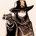  1girl aiming alternate_costume bangs gun hat highres looking_at_viewer monochrome poncho red_dead_redemption_2 revolver ryosharke shima_rin simple_background weapon yurucamp 