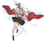  1girl ark_order black_footwear black_gloves black_skirt blonde_hair boots cape crown electricity full_body gloves half_gloves hammer holding holding_hammer long_sleeves mjolnir_(mythology) official_art pantyhose puffy_long_sleeves puffy_sleeves red_cape red_eyes ribbon shi-chen skirt solo tachi-e thighband_pantyhose thor_(ark_order) transparent_background two_side_up white_skirt 