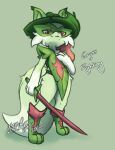  2022 ambiguous_gender anthro biped cheek_tuft clothing digitigrade english_text facial_tuft fak&eacute;mon felid feline fur gingy_k_fox green_body green_fur hat headgear headwear holding_object holding_sword holding_weapon mammal mask melee_weapon nintendo plant pok&eacute;mon signature sprigatito sword text tuft video_games weapon 