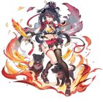  1girl animal_collar animal_ear_fluff animal_ears ark_order bandaged_arm bandaged_hand bandages bangs black_bra black_footwear black_hair black_jacket black_legwear bone boots bra breasts collar constellation dog dog_(ark_order) dog_ears fire full_body hair_ornament hair_stick hatoyama_itsuru high_heels high_ponytail holding holding_sword holding_weapon jacket kneehighs leash official_art ofuda red_collar red_eyes red_skirt sheath sidelocks single_kneehigh single_thighhigh skirt solo sweat sword tachi-e thighhighs transparent_background twintails underwear weapon yin_yang 