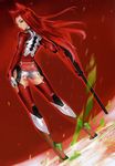  absurdres animal_ears arched_back ass bodysuit clothes_writing dutch_angle eulen_spiegel from_behind frown glowing grey_eyes gun hakua_ugetsu highres kagerou_sabine_kurzringer long_hair looking_at_viewer looking_back magic_circle motion_blur official_art red_hair red_legwear rifle solo standing tattoo thighhighs weapon wind 