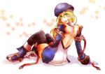  beret blazblue blonde_hair blue_footwear blush boots green_eyes hat kuroinoki looking_back noel_vermillion solo thighhighs 