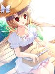  :d breasts brown_hair chair cleavage copyright_request hat highres long_hair medium_breasts mikeou open_mouth picnic_basket red_eyes sitting smile solo straw_hat 