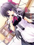  black_hair bow cupboard dutch_angle hair_bow highres long_hair maid mikeou miraroma purple_eyes solo tsukimiya_kaede wrist_cuffs 