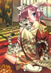  animal_ears blush bow card cat_ears flower hair_bow hair_rings highres japanese_clothes kimono koihime_musou lying_card one_eye_closed shirane_taito sitting solo sonshoukou tiger wariza white_tiger 