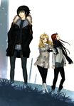  absurdres antenna_hair bangs black_eyes black_hair black_legwear blonde_hair blue_eyes boots buttons coat eulen_spiegel fur_trim grass hair_between_eyes hakua_ugetsu hands_in_pockets highres kagerou_sabine_kurzringer knee_boots long_hair looking_away miniskirt multiple_girls official_art open_clothes open_coat outdoors pantyhose pencil_skirt pillar profile red_hair scan scarf short_hair skirt sky smile snow standing suzutsuki_dietrich_schulz unzipped wavy_hair white_legwear wind yuugiri_kunigunde_morenz zipper 