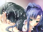  1boy 1girl artist_request blue_hair censored cfnm clothed_female_nude_male cum cum_on_clothes cum_on_hair dobyurururuu!!!_sanane_ga_kiru!_shasei_dorei_shin-kun_no_junan! ejaculation game_cg handjob indoors mature milf morning_star_(company) nekou_izuru penis skirt source_request uniform 