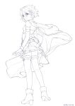  1girl belt boots cape dated elbow_gloves fortissimo full_body gloves hair_ornament highres kneehighs lineart magical_girl mahou_shoujo_madoka_magica miki_sayaka musical_note musical_note_hair_ornament saya5939 short_hair skirt sleeveless socks solo standing wind 