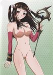  1girl black_hair blush breasts bridal_gauntlets choker female holding legs long_hair looking_at_viewer mound_of_venus nail_polish navel nipples nude nude_filter photoshop pussy red_eyes rosario+vampire shiny shiny_skin smile solo staff standing thighs toujou_ruby uncensored witch 