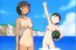  azumanga_daiou beach black_eyes black_hair blush bonklers bottomless breasts brown_eyes brown_hair day kagura_(azumanga_daiou) lowres medium_breasts multiple_girls nude nude_filter pubic_hair pussy short_hair takino_tomo tan tanline third-party_edit topless uncensored 