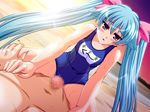  1boy 1girl akaza aqua_hair blue_hair censored game_cg grinding hatami_kuu long_hair one-piece_swimsuit outdoors penis school_swimsuit sex sky swimsuit teasing twintails yuugeki_keikan_patvessel 