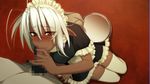  1girl :&gt;= blush censored dark_skin fellatio frills game_cg maid maid_headdress nitroplus oral orange_eyes pinky_out pointy_ears sandaime_muramasa sansei_muramasa sitting thighhighs tray uniform white_hair white_legwear zettai_ryouiki 