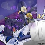  2boys bed blazblue blonde_hair blood blush boots carl_clover cowgirl_position crossover electricity girl_on_top grin guilty_gear hat hetero multiple_boys nirvana no_feet penis robo-ky robot sex smile straddling surprised virgin walk-in 