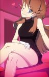  bare_legs black_dress blue_(pokemon) blue_eyes brown_hair creatures_(company) dress game_freak gloves jewelry legs legs_crossed long_legs nintendo pokemon pokemon_(game) pokemon_special shiny shiny_skin sitting smile vivivoovoo wink 