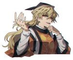  1girl bangs black_headwear blonde_hair constellation_print hair_between_eyes hat long_hair matara_okina open_mouth orange_sleeves re_ghotion simple_background solo tabard touhou upper_body white_background wide_sleeves yellow_eyes 