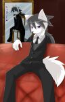  9:14 anthro black_bottomwear black_clothing black_nose black_pants black_topwear bottomwear canid clothed clothing front_view fur grey_hair hair hi_res kuttoyaki male mammal mouth_closed pants picture_frame ponytail pupils purple_eyes sitting slit_pupils solo spread_legs spreading tail topwear white_body white_fur white_tail 