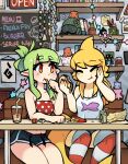  2girls artist_request breasts brown_eyes cleavage closed_eyes closed_mouth collaboration_request collarbone d-floe fish_tail green_hair head_fins highres indoors large_breasts menu_board multiple_girls original pointy_ears shark_girl shark_tail short_hair sitting table tail 