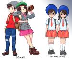  2boys 2girls alcohol bangs blue_headwear blue_shirt bob_cut bottle braid breast_pocket brown_eyes brown_hair cable_knit cardigan collared_shirt denim dress english_text female_protagonist_(pokemon_sv) gloria_(pokemon) grady_sisters_(the_shining) green_headwear grey_cardigan grey_headwear hat holding holding_bottle hooded_cardigan jeans male_protagonist_(pokemon_sv) multiple_boys multiple_girls necktie orange_necktie pants pink_dress pocket pokemon pokemon_(game) pokemon_sv pokemon_swsh profitshame red_necktie red_shirt red_shorts shaded_face shirt short_hair shorts side_braid single_braid sleeves_rolled_up striped striped_shorts swept_bangs tam_o&#039;_shanter the_shining torn_clothes torn_jeans torn_pants vertical-striped_shorts vertical_stripes victor_(pokemon) 