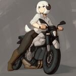  1girl black_pants blue_eyes boots brown_footwear closed_mouth collared_shirt d-floe expressionless eyebrows_visible_through_hair ground_vehicle highres horns knee_boots looking_away motor_vehicle motorcycle original pants sheep_girl sheep_horns sheep_tail shirt short_hair sleeves_rolled_up solo tail white_hair white_shirt 