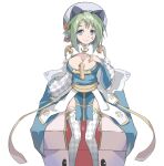 1girl absurdres animal_ears arch_bishop_(ragnarok_online) argyle argyle_legwear argyle_sleeves bangs blue_dress blue_eyes breasts cleavage cleavage_cutout closed_mouth clothing_cutout commentary_request cross dress eyebrows_visible_through_hair feet_out_of_frame gift green_hair hand_on_own_chest highres large_breasts looking_at_viewer myst_case ragnarok_online ribbon ribbon_legwear sash shimotsuki_nozomi short_hair simple_background sitting smile teardrop_facial_mark thighhighs two-tone_dress white_background white_headwear white_legwear wide_sleeves yellow_ribbon yellow_sash 