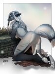  2022 absurd_res anthro breasts canid canine digital_media_(artwork) eyebrows eyelashes female fox fur genitals grass grey_body grey_fur hair hi_res lesspie mammal nude plant pussy white_hair 