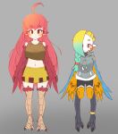  2girls absurdres ahoge animal_ears bangs bird_ears bird_legs black_eyes blue_feathers blush braid brown_tank_top coco_(eogks) dolphin_shorts eyebrows_visible_through_hair green_hair grey_background grey_hoodie hair_over_one_eye harpy highres hood hoodie long_hair mako_(eogks) midriff monster_girl multiple_girls navel nn_(eogks) orange_feathers original red_feathers red_hair shorts siblings simple_background sisters skirt smile talons tank_top two-tone_wings very_long_hair winged_arms wings yellow_skirt 