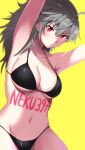  1girl absurdres ahoge angry armpits bikini black_bikini breasts cleavage earrings grey_hair highres jewelry looking_at_viewer neku397 original red_eyes self_upload simple_background solo swimsuit tattoo 