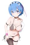  1girl arm_strap bikini bikini_pull black_legwear blue_eyes blue_hair breasts cleavage closed_mouth clothes_pull collarbone coro_fae elbow_gloves gloves hair_ornament highres large_breasts looking_at_viewer navel nipples pulled_by_self purple_nails re:zero_kara_hajimeru_isekai_seikatsu rem_(re:zero) revealing_clothes see-through short_hair side-tie_bikini single_elbow_glove single_thighhigh solo stomach strap_pull swimsuit thigh_strap thighhighs white_gloves x_hair_ornament 